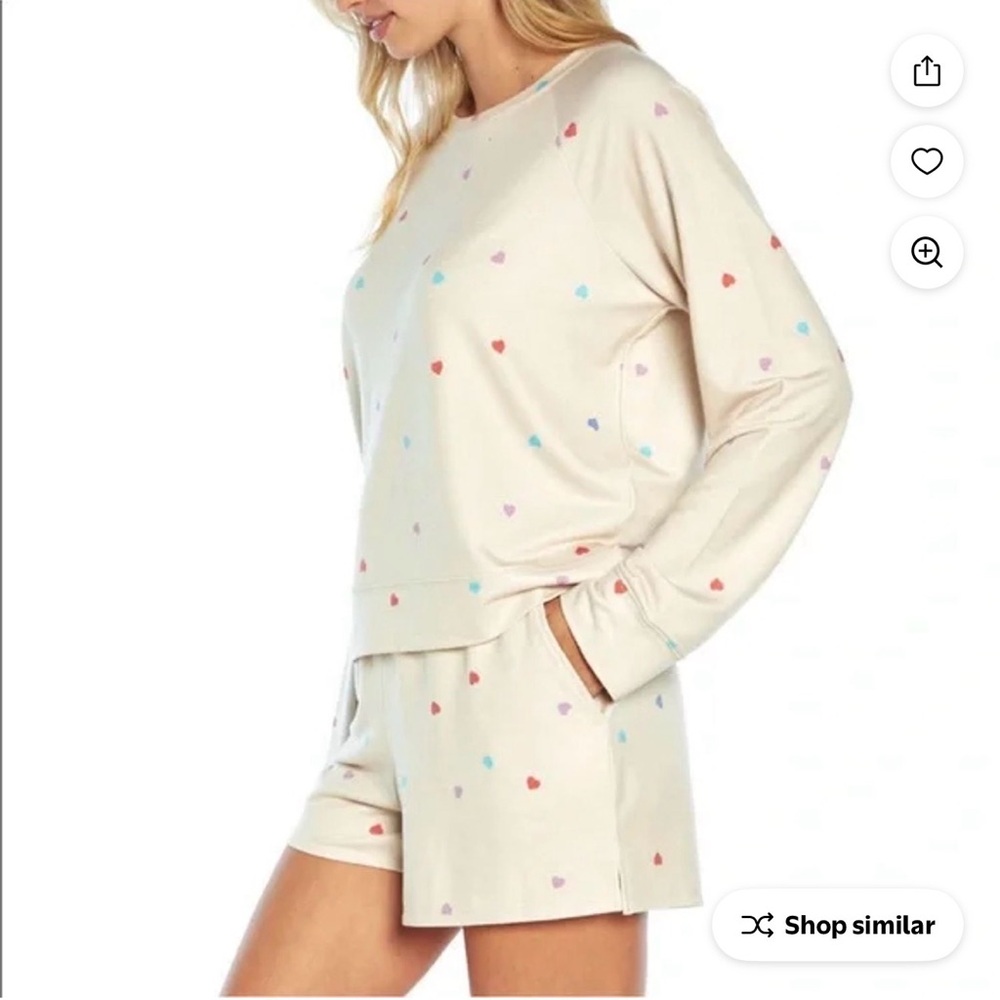 EUC Wildfox Relaxed Fit SuperSoft Sweatshirt & Short Lounge Set Oatmeal Hearts M